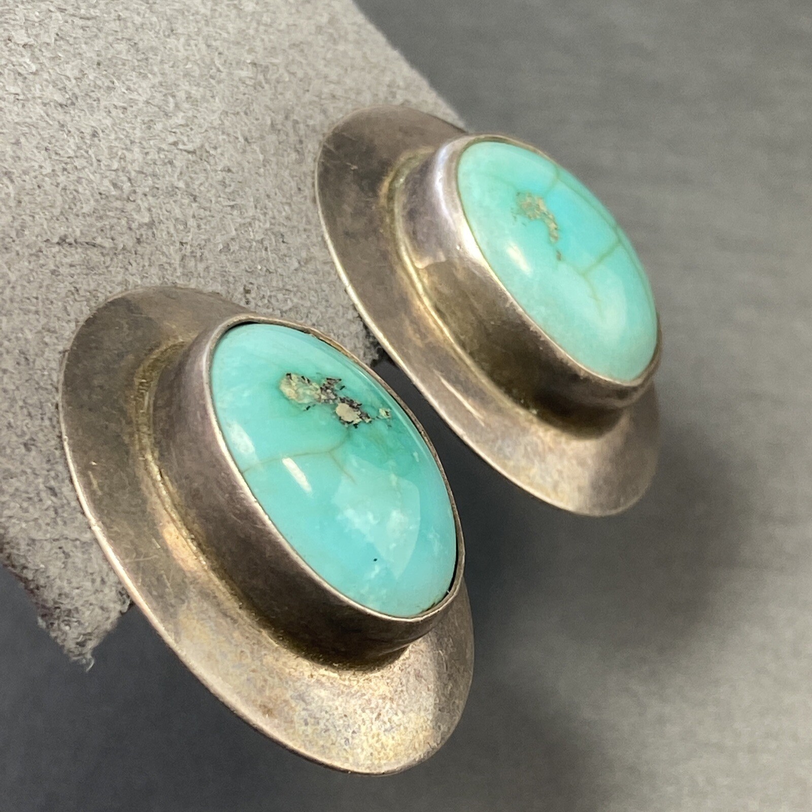 Vintage Modernist Clip-On Earrings Turquoire Sterling Estate Fine Jewelry PreOwn
