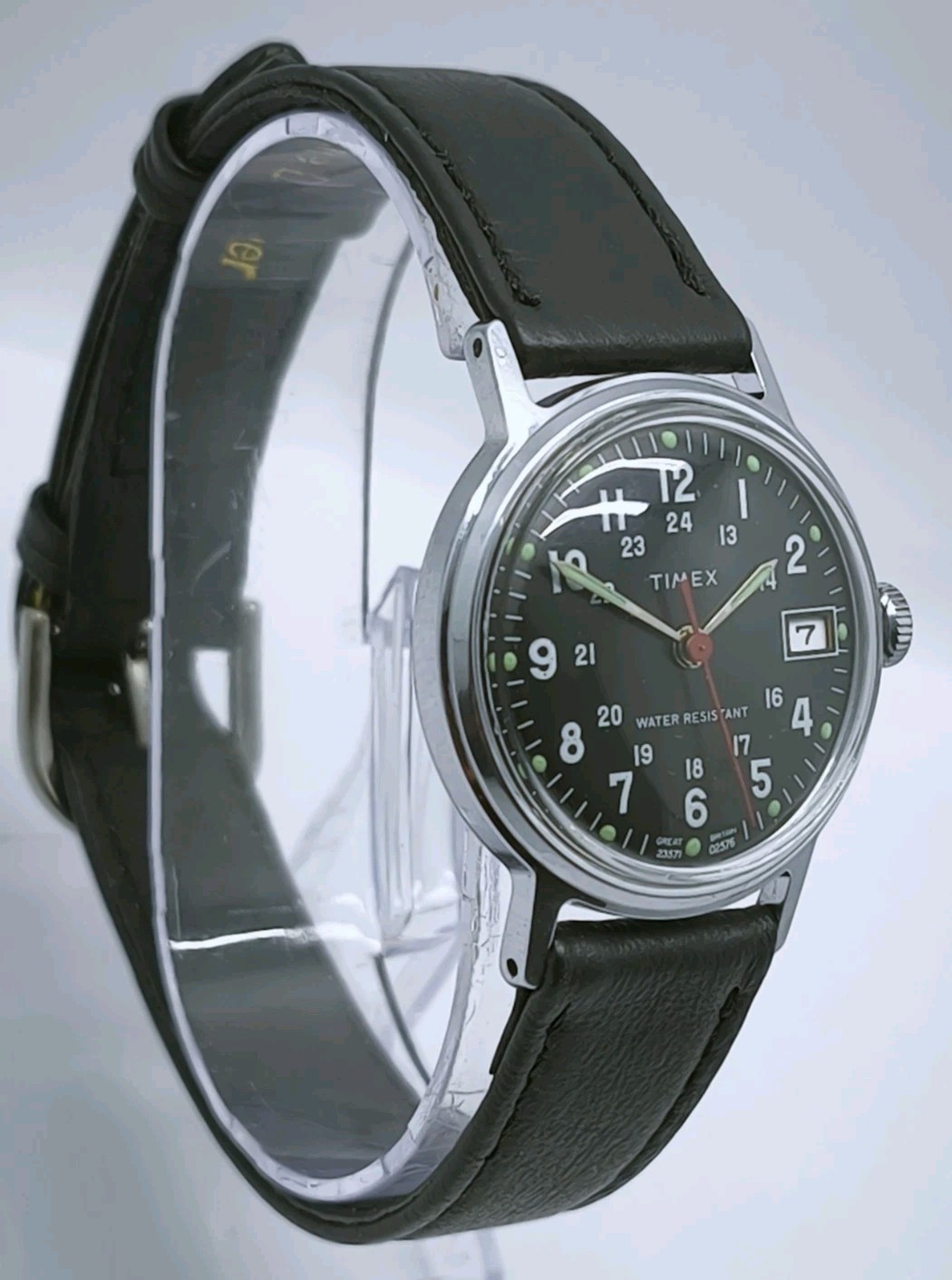Vtg 1976 Timex Sprite Military Style Mechanical Date 30mm Watch Great Britain