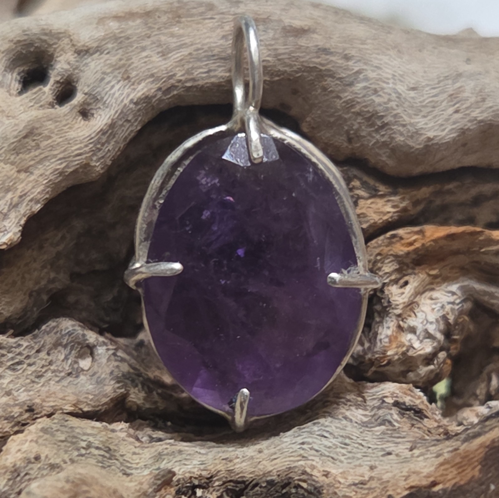 Sterling Silver 925 Stone Oval Purple Amethyst Pendant Necklace, Prong