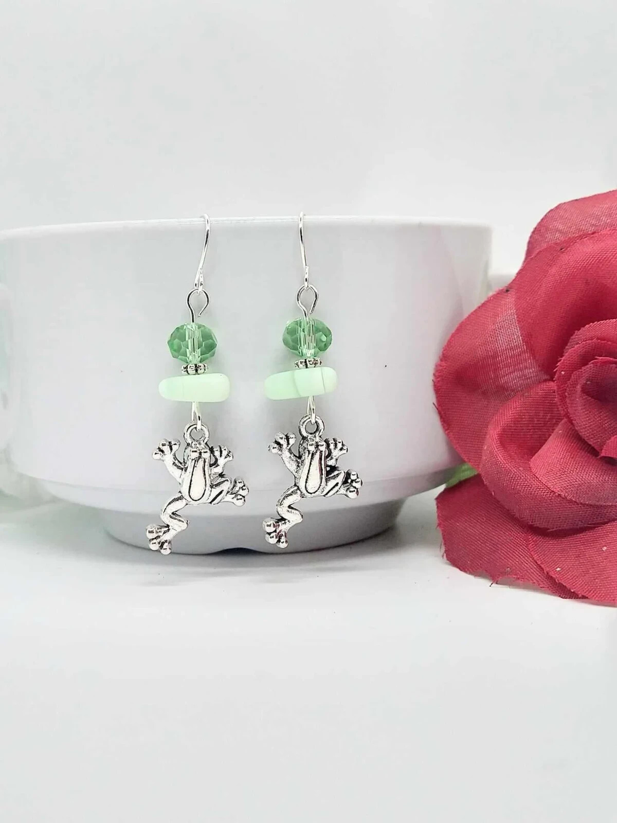 Green Glass Stainless Steel Frog Charm Silver Dangle Earrings Gifts For Her