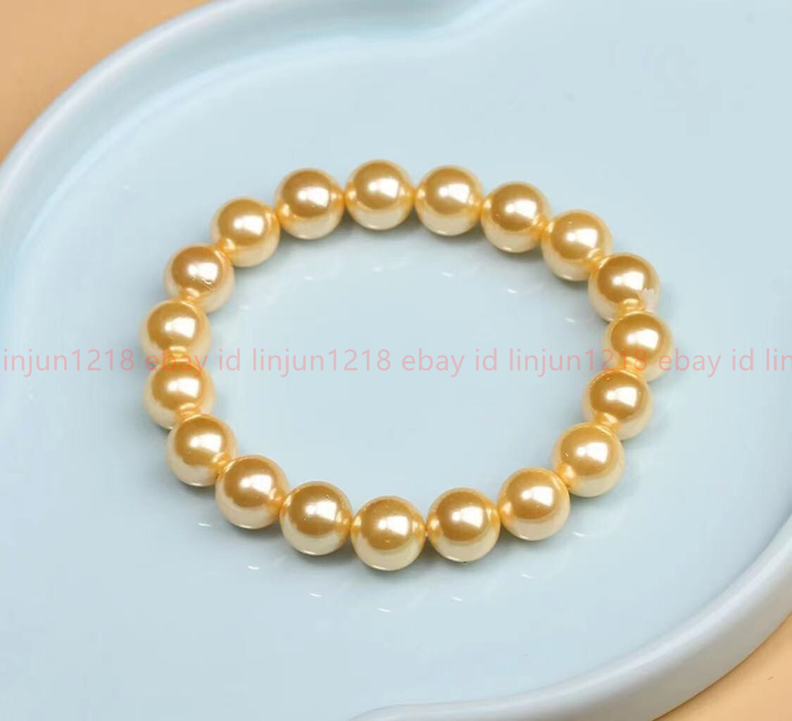 Handmade 8/10/12mm Gold Shell Pearl Gemstone Round Beads Stretch Bracelet 7-9in
