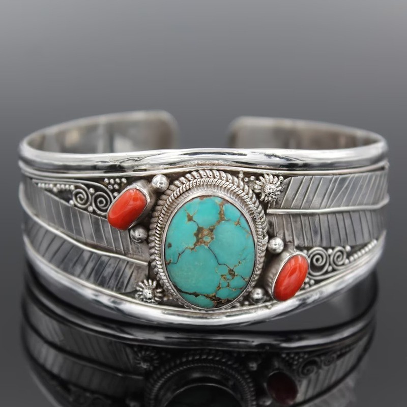 Vintage Silver Turquoise Bracelet Antique Silver Boho Bangle Protection Guardian