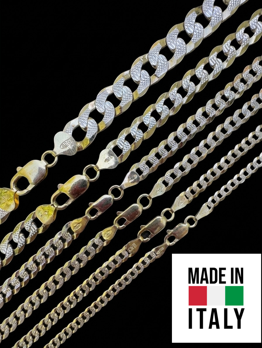 Men’s Cuban Chain Real 14k Gold Plated Solid 925 Silver Hip Hop ITALY 3-10mm