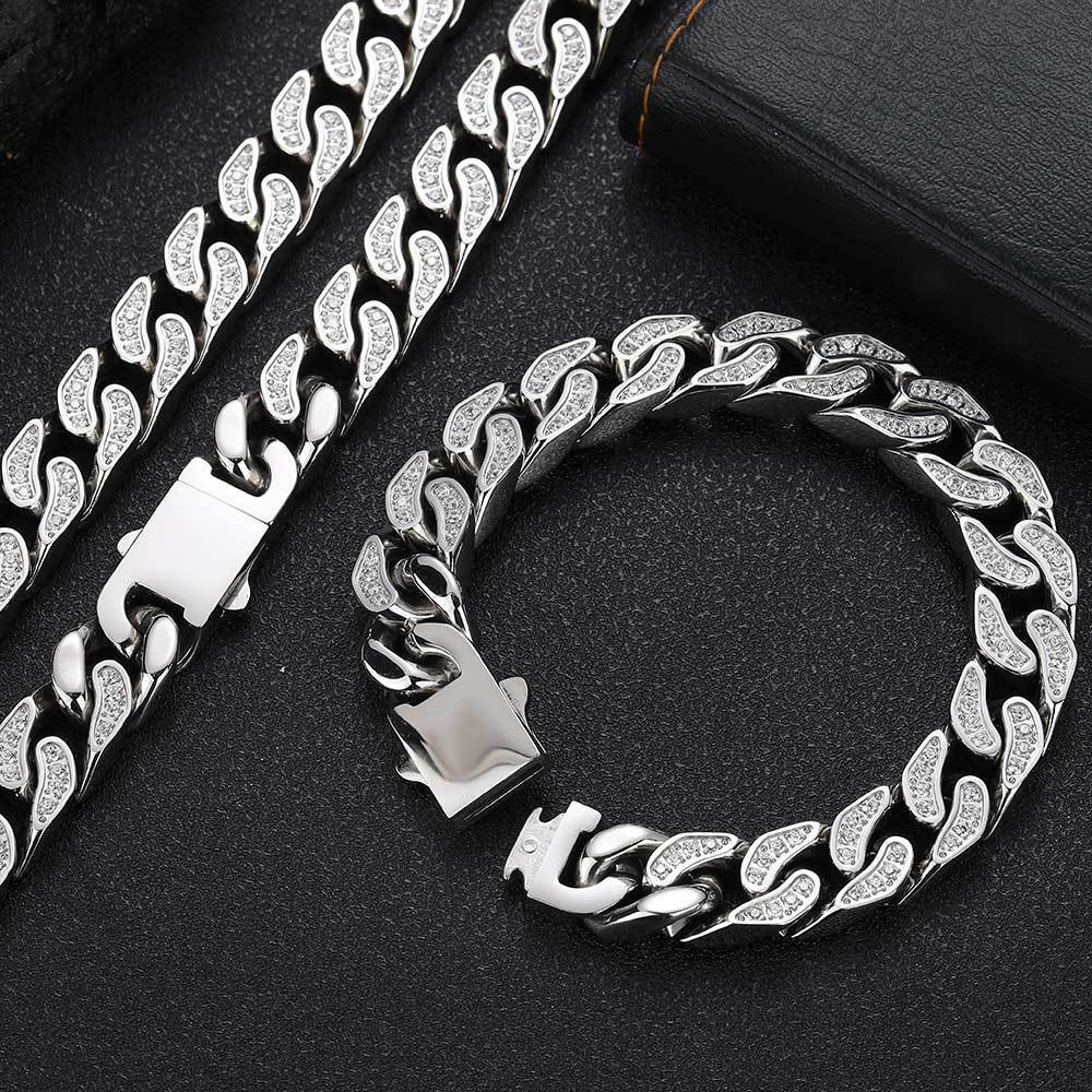 Steel Cuban Link Chain Necklace Full Zircon Mens Jewelry 12mm Hip Hop Stainless