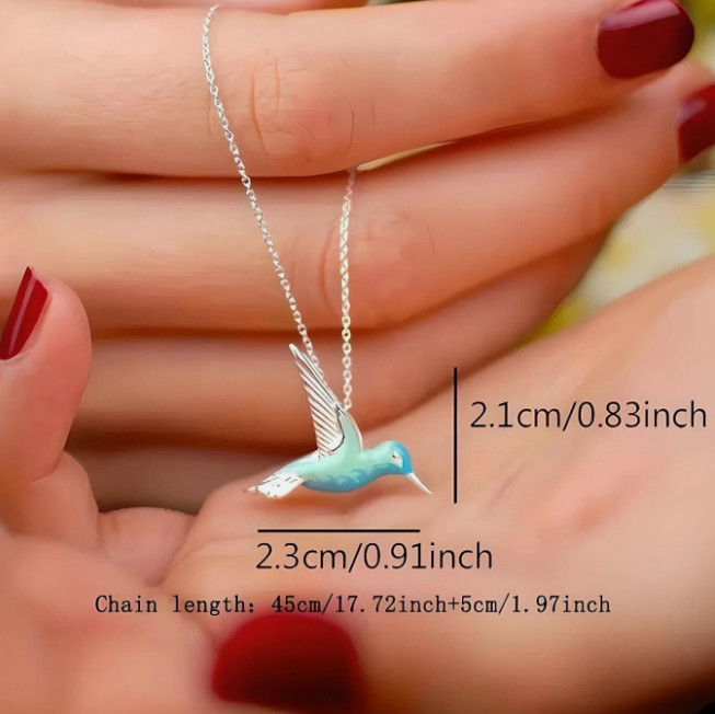 Hummingbird Pendant Necklace, Sterling Silver Chain, Turquoise Blue Enamel