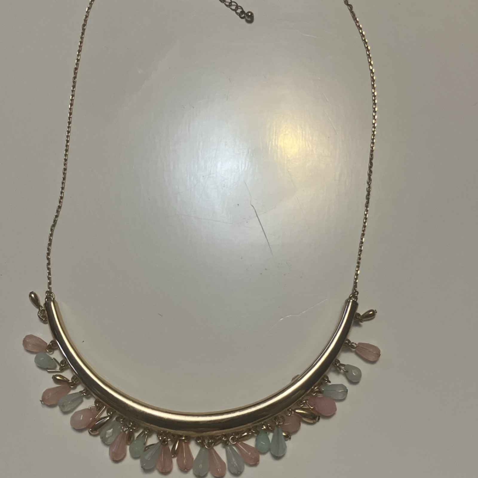 Gold Pink Blue Glass Briolette Bead Bib Necklace Statement Clasp Chain Gift