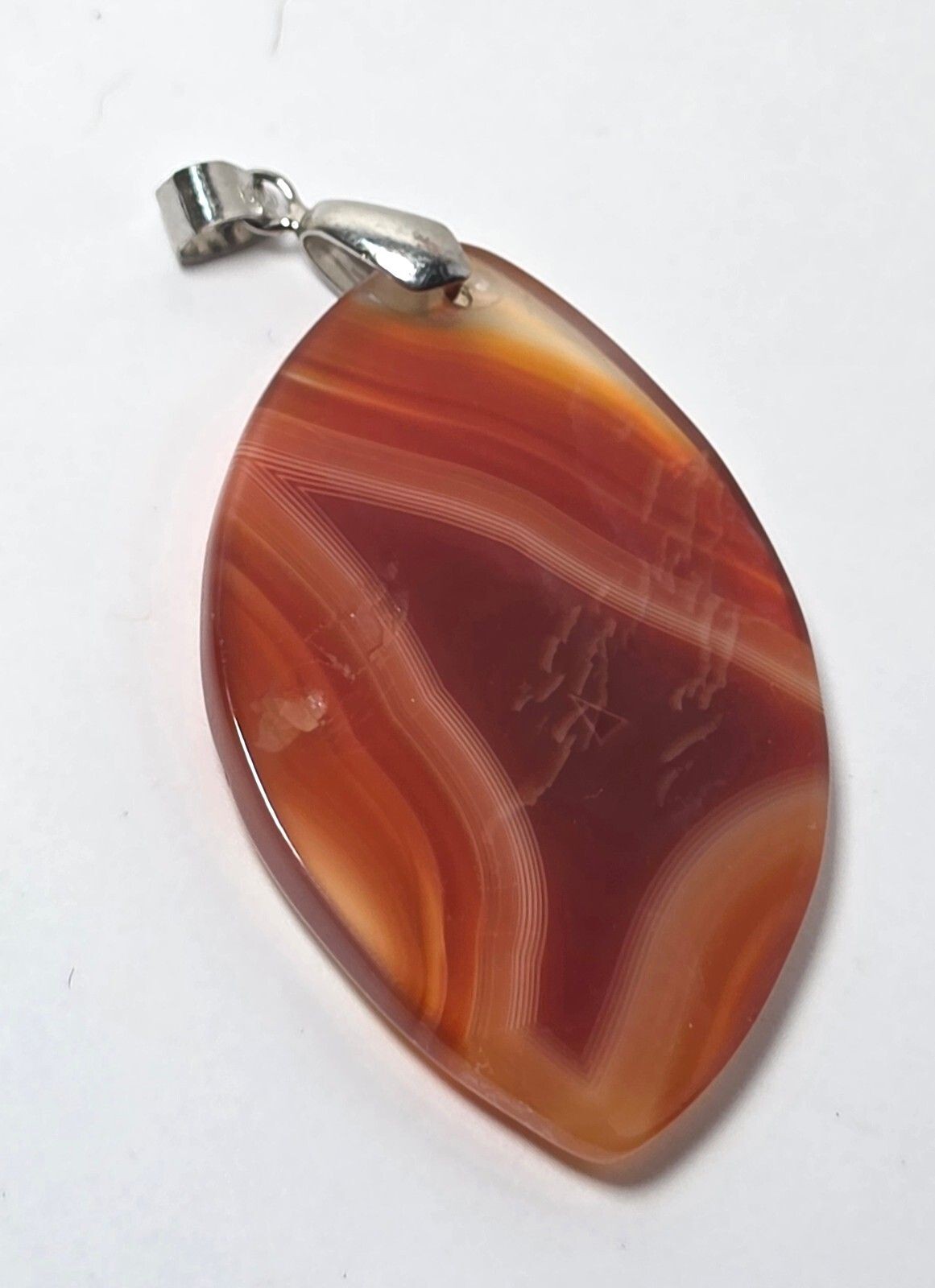 Natural 2″ Banded Carnelian Agate Pendant Orange Red Silver Tone Bail