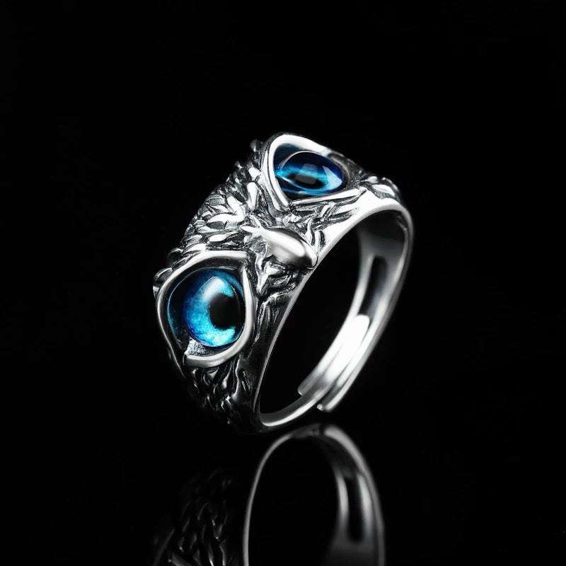 Silver Plated Blue Eye Owl Ring Women Jewelry Rings Adjustable Lab-Created B25