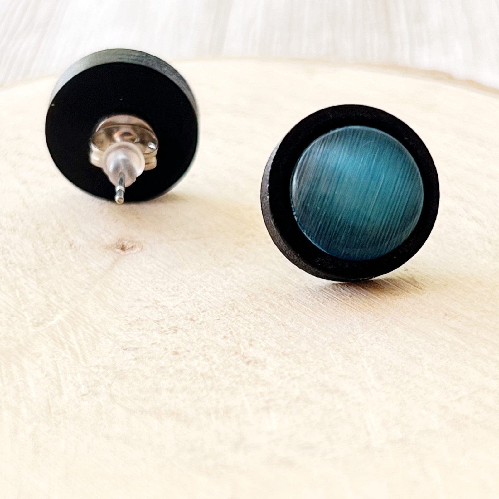 Natural Black Wood Blue Glass Stainless Steel Unisex Stud Earrings