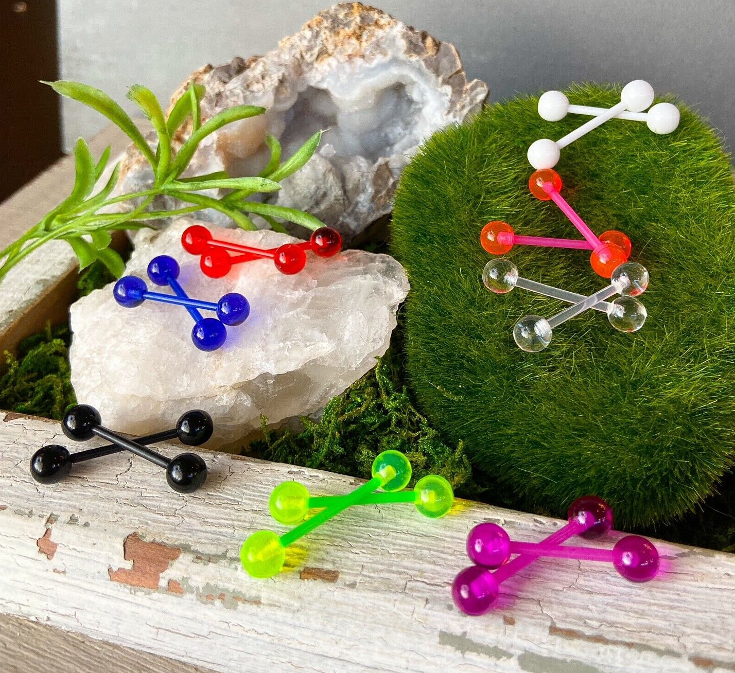 PAIR Flexible Barbell Nipple or Tongue Rings PTFE Transparent Balls NO METAL