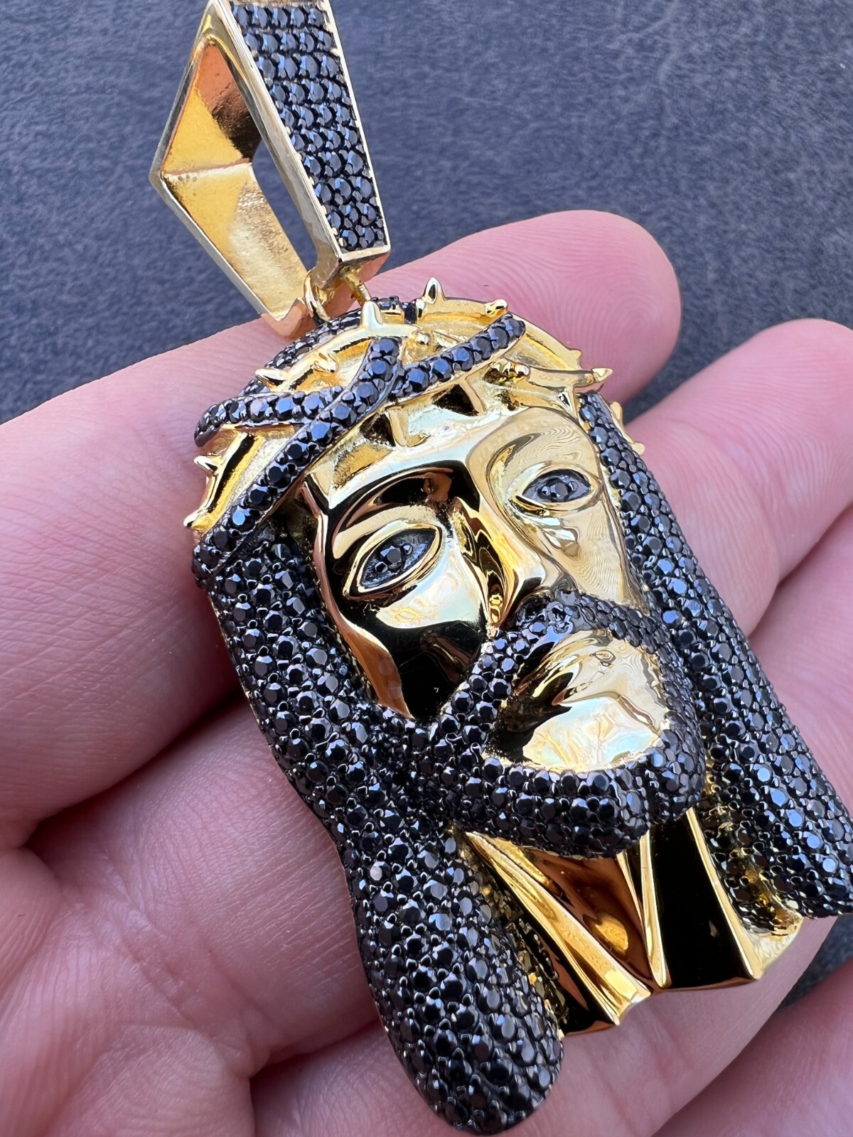 Black MOISSANITE 14k Gold Vermeil 925 Silver Iced Jesus Piece Pendant Necklace