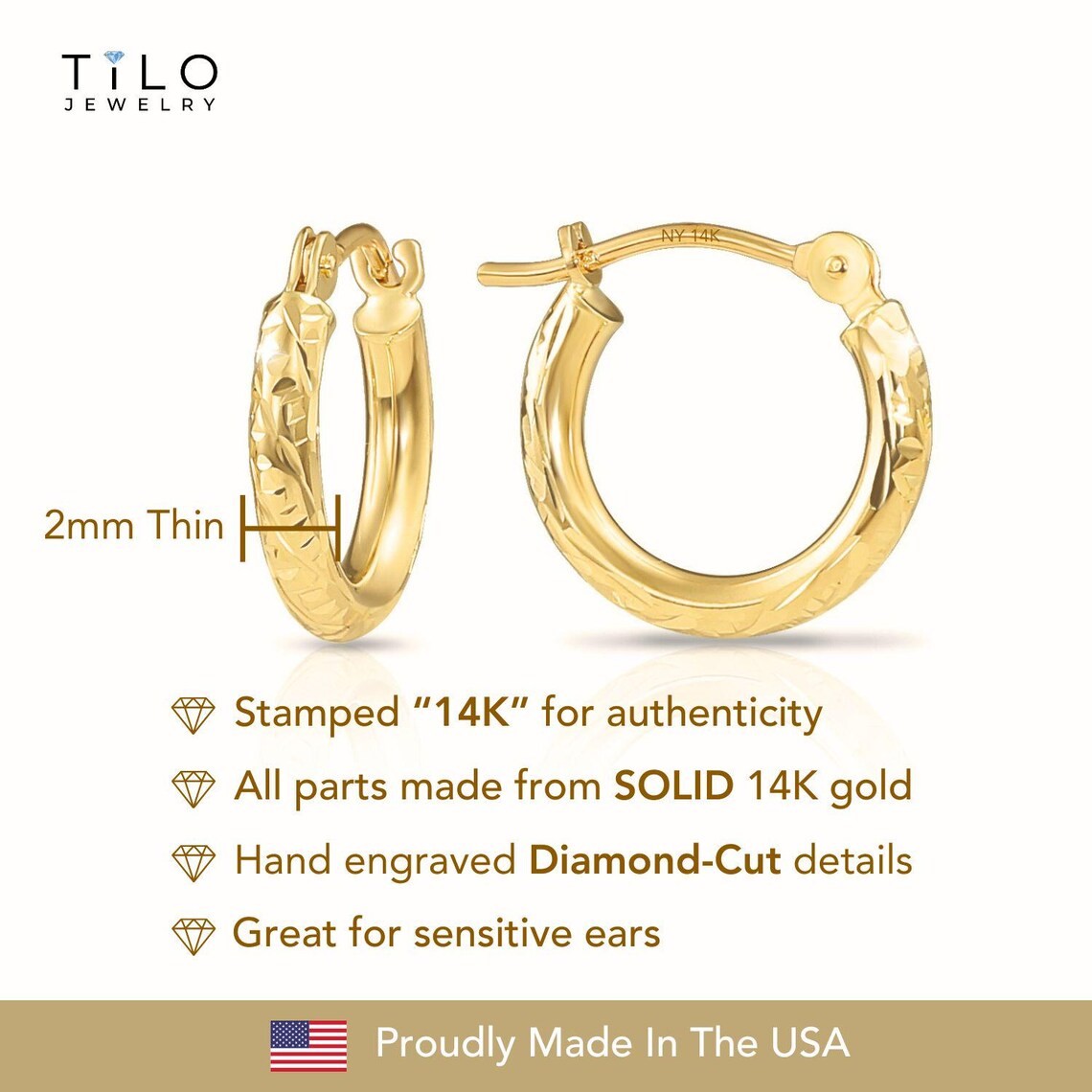 14K Real Solid Gold Hand Engraved Diamond-Cut Round Small Hoops Earrings 13mm