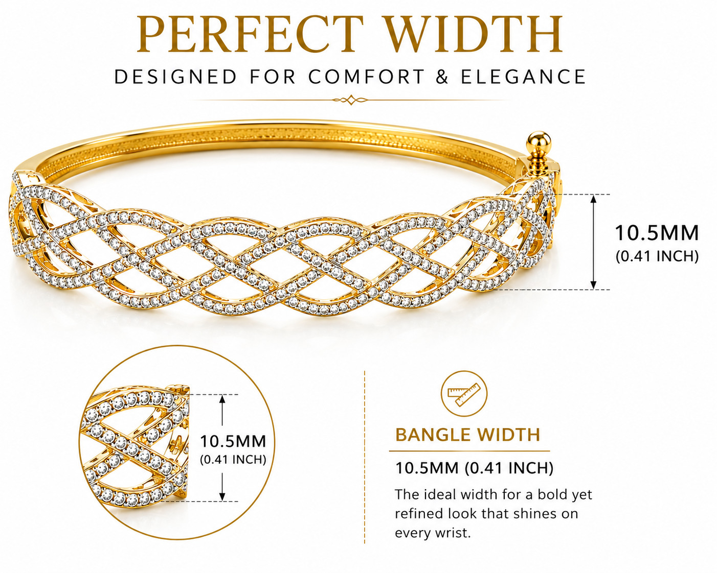 Gold Tone Pave Criss Cross Weave Bangle Bracelet Elegant Women’s Cuff 7-8″