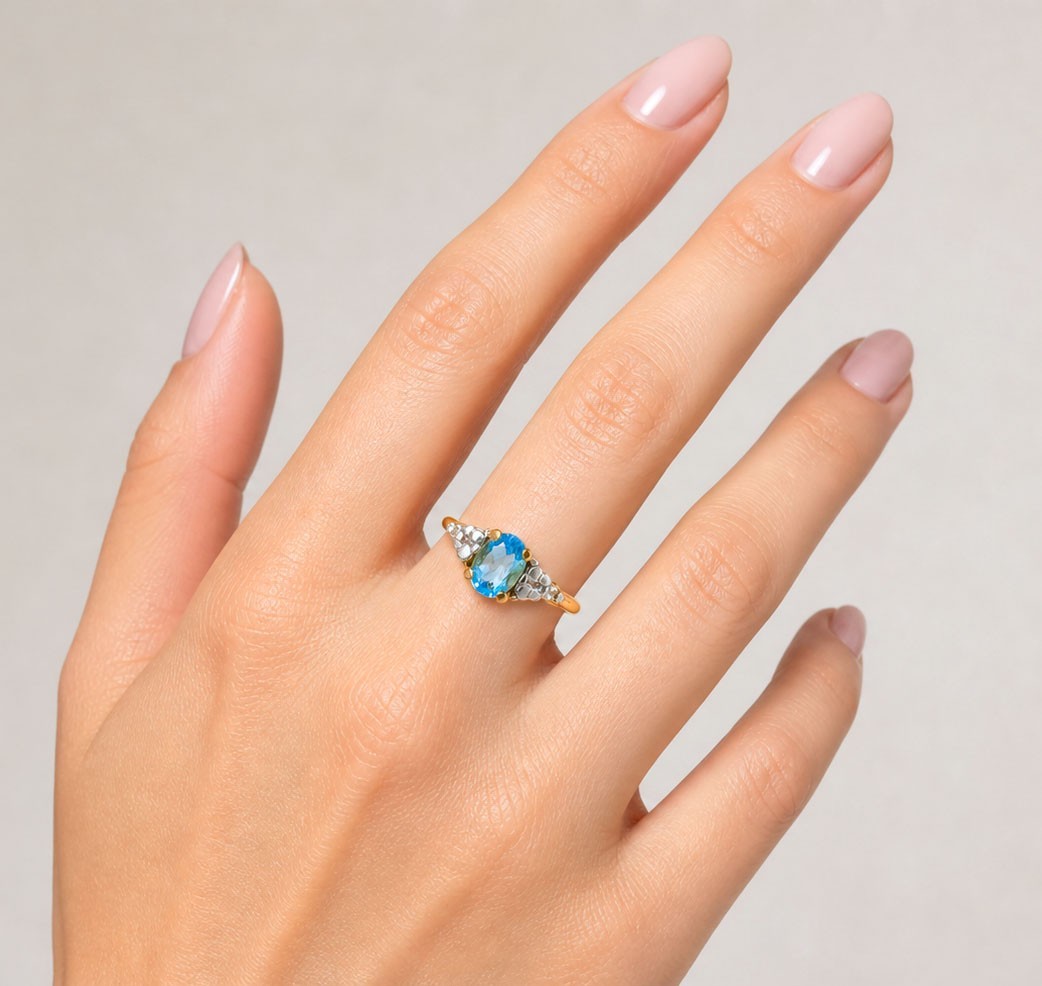 GENUINE 0.62 Cts BLUE TOPAZ & DIAMONDS RING 10K GOLD – Free Appraisal Service