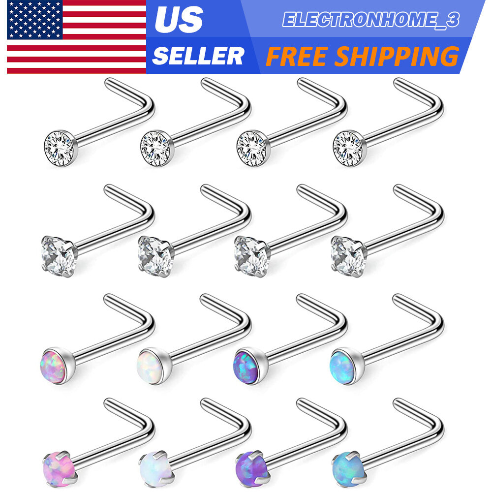 16pcs CZ Opal L-Shaped Nose Studs Piercing Surgical Steel L Nose Stud Ring 20G