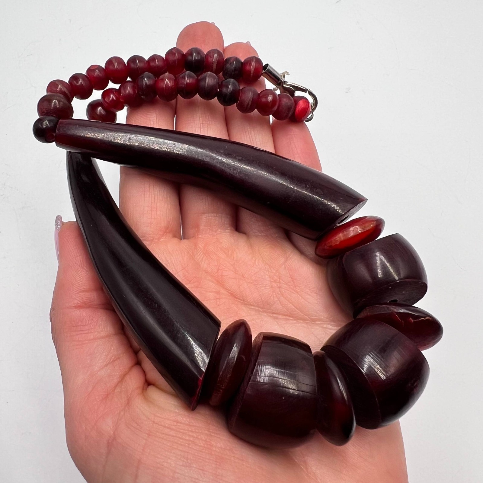 Vintage Natural Horn Statement Necklace Soviet Handmade Boho Jewelry Beads