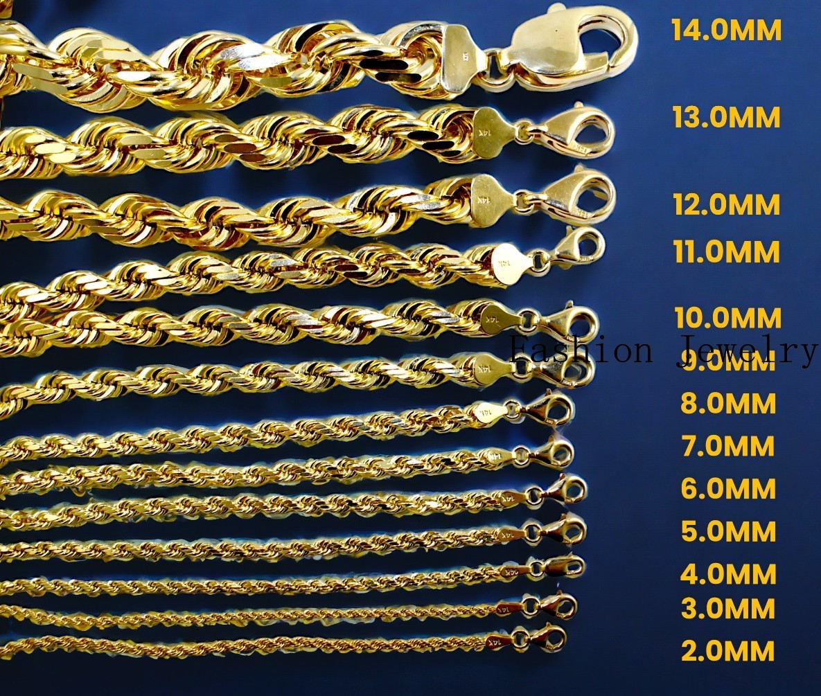 14K Yellow Gold Rope Chain Necklace Diamond Cut Real Gold 1mm-10mm 16″-30″