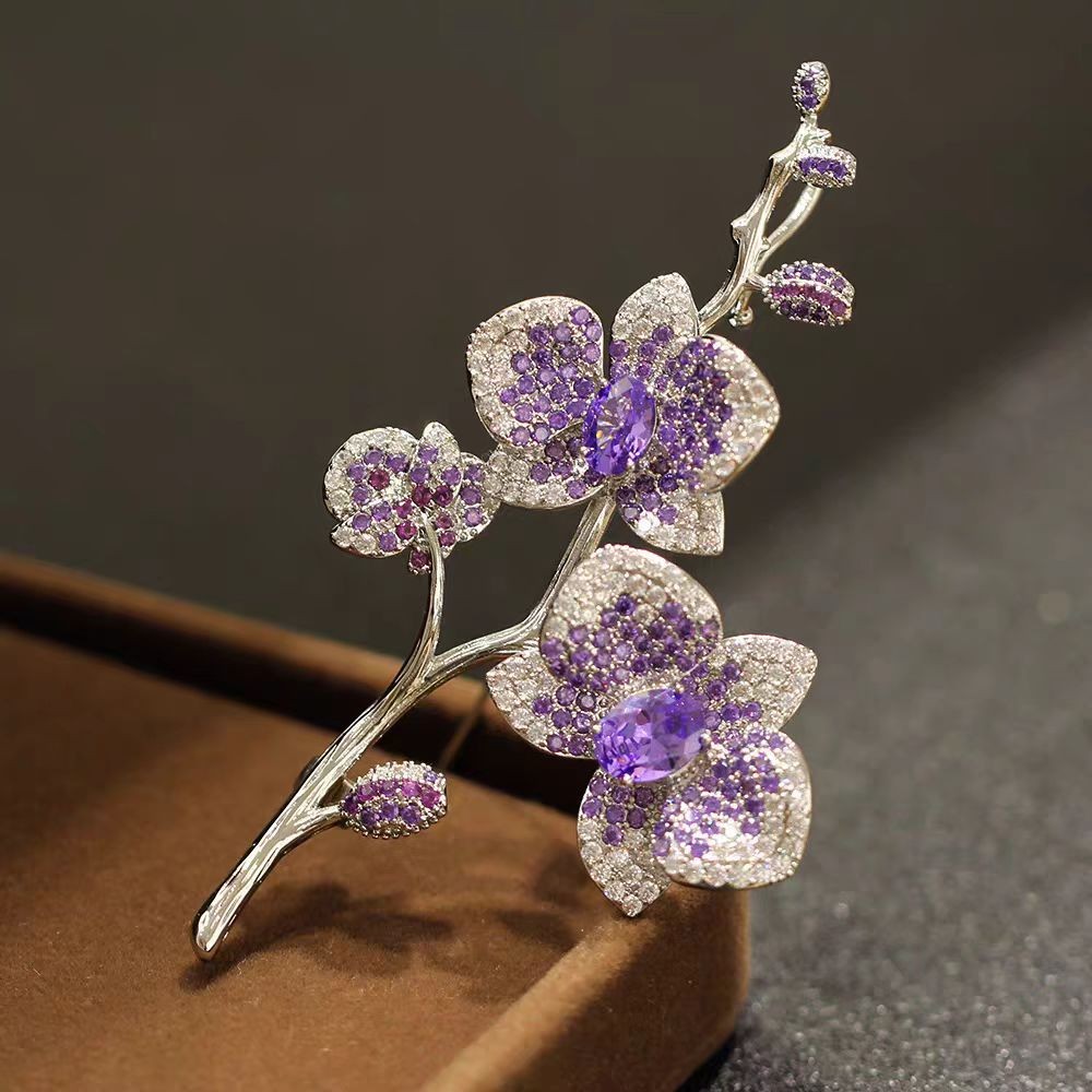 Purple Orchid Brooch Full Zircon Elegant Flower Pin Womens Clothing Accessory
