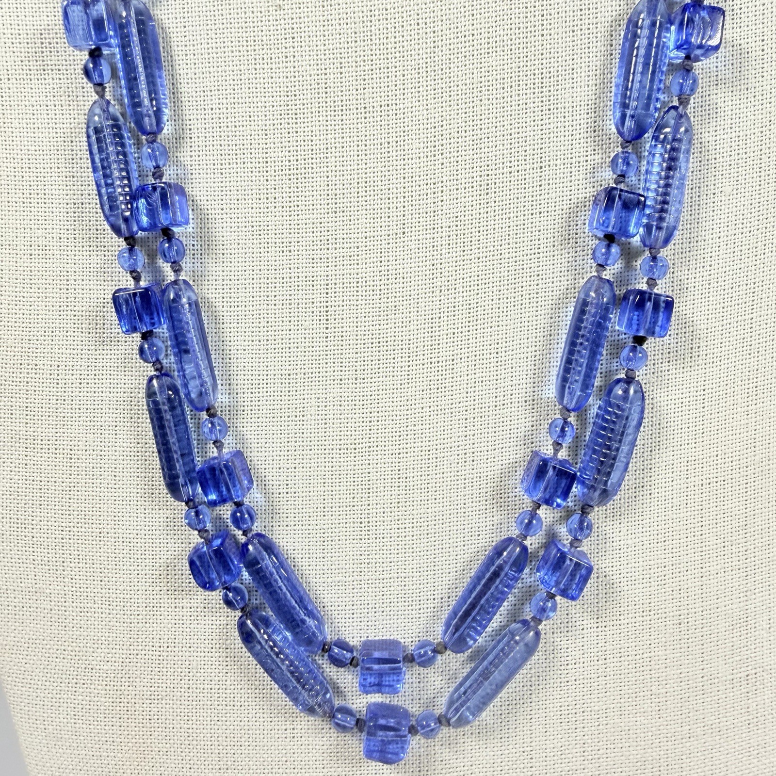 Antique Art Deco Necklace Cobal Blue Tubular Czech Glass Beaded 58″