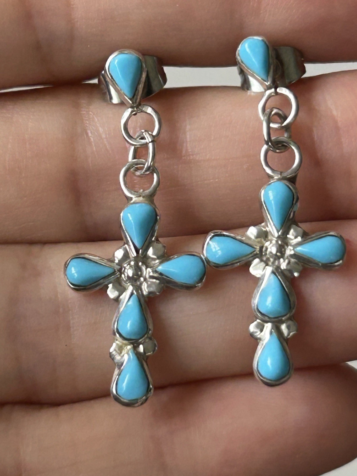 Vintage Handmade Sterling Silver Blue Stone Cross Dangle Stud Earrings Southwest