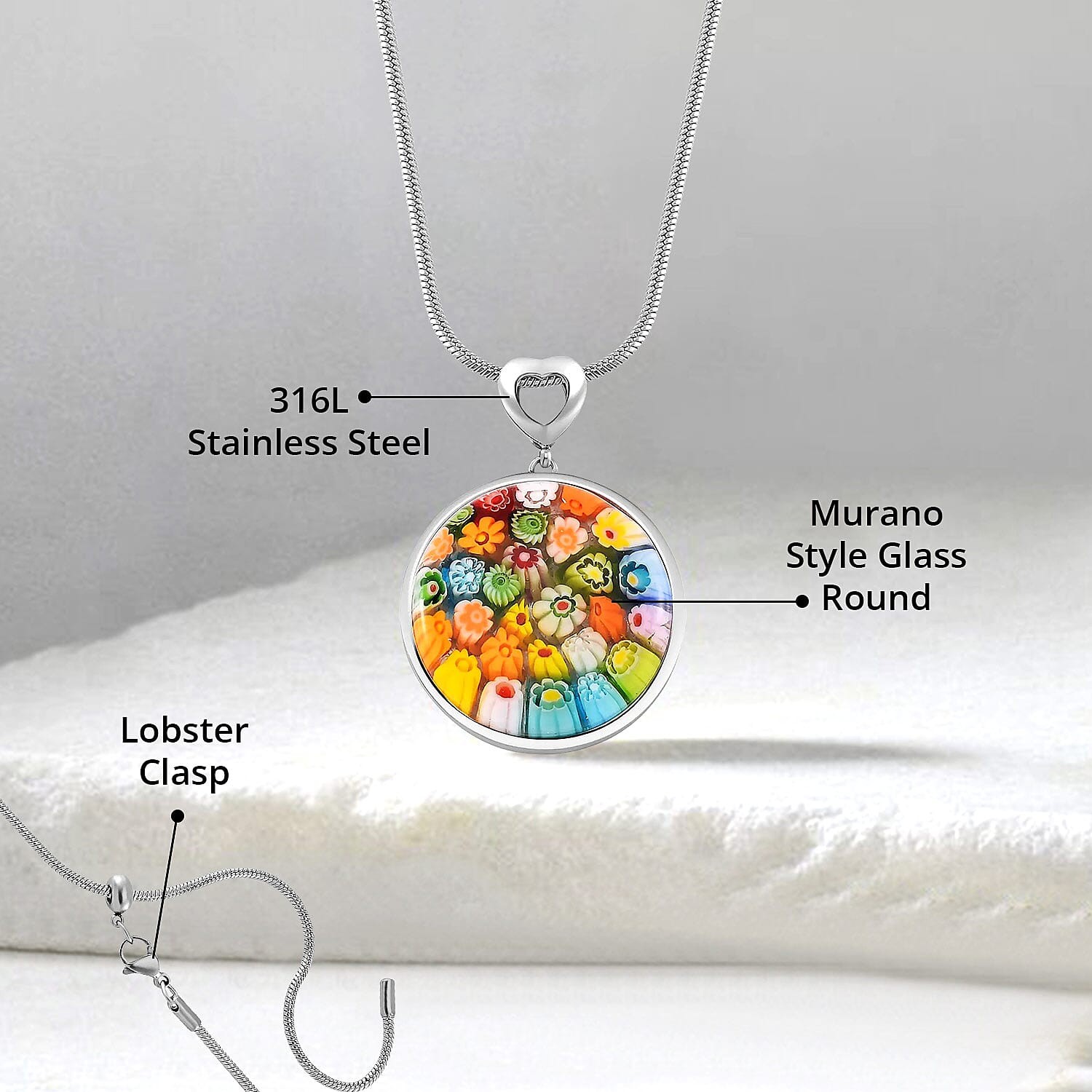 Stainless Steel Multi Color Glass Pendant Necklace Jewelry for Women Size 24-28″