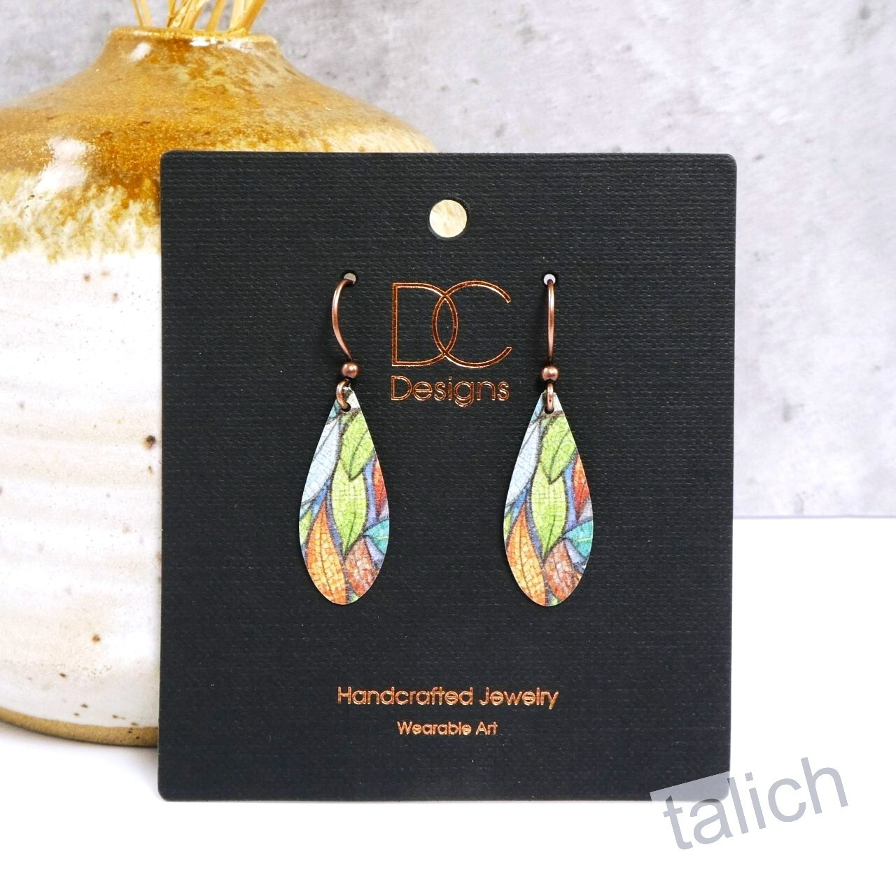 DC Designs Leaves Mosaic Green Orange Abstract Art Print Dew Drop Earrings 66DE