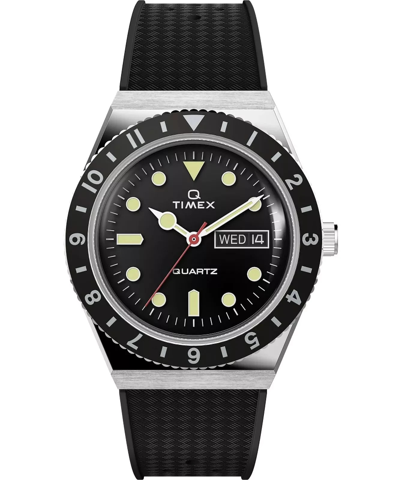 Timex Q Timex TW2V32000 Men’s Quartz Watch Black Dial Day Date Rubber Strap 38mm