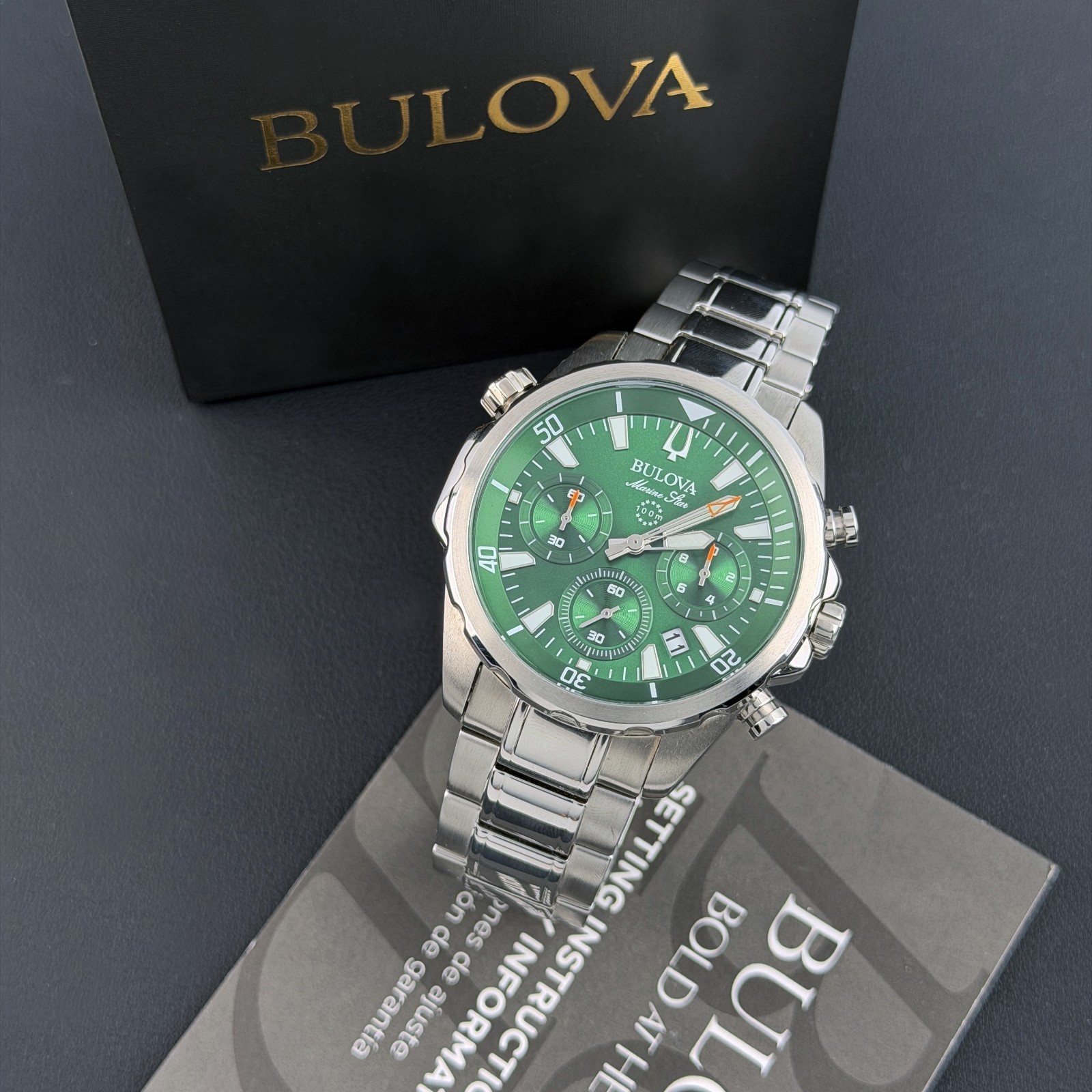 Men’s Bulova Marine Star Green Dial Chronograph 96B396 Quartz New Watch 43mm