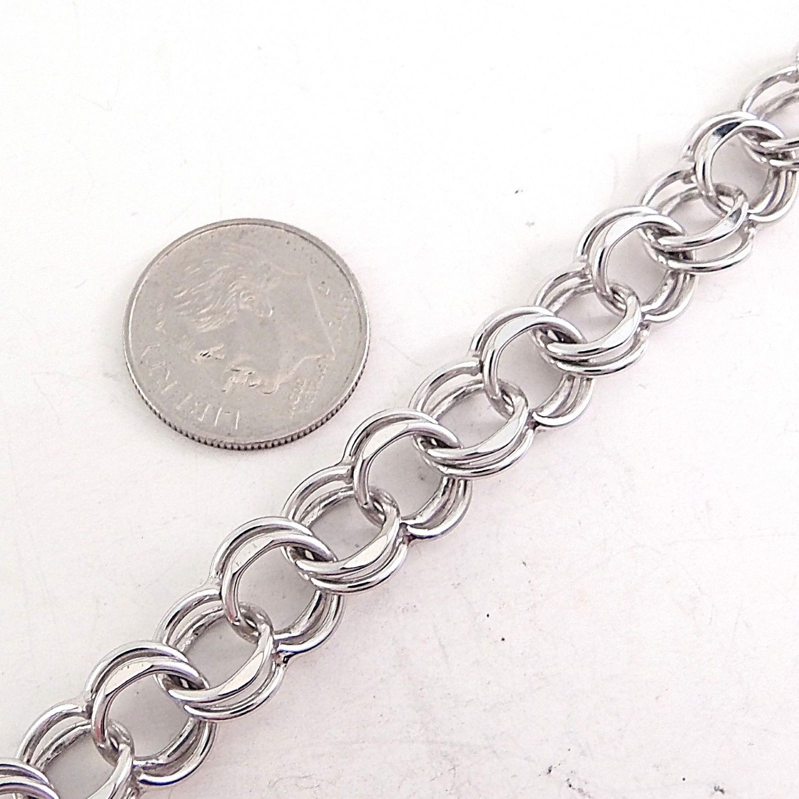 925 Sterling Silver Double Curb Link Charm Starter Bracelet 8.8 mm 7” 13.7 gram