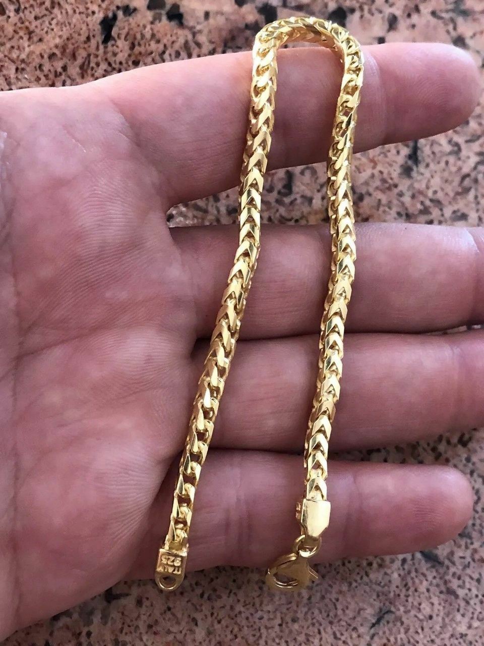 Men’s Thick 4mm Franco Bracelet 14k Gold Plated Solid 925 Sterling Silver Italy