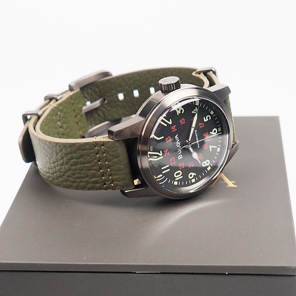 Men’s Bulova Military Hack Black Dial Green Leather Strap Automatic Watch 98A255