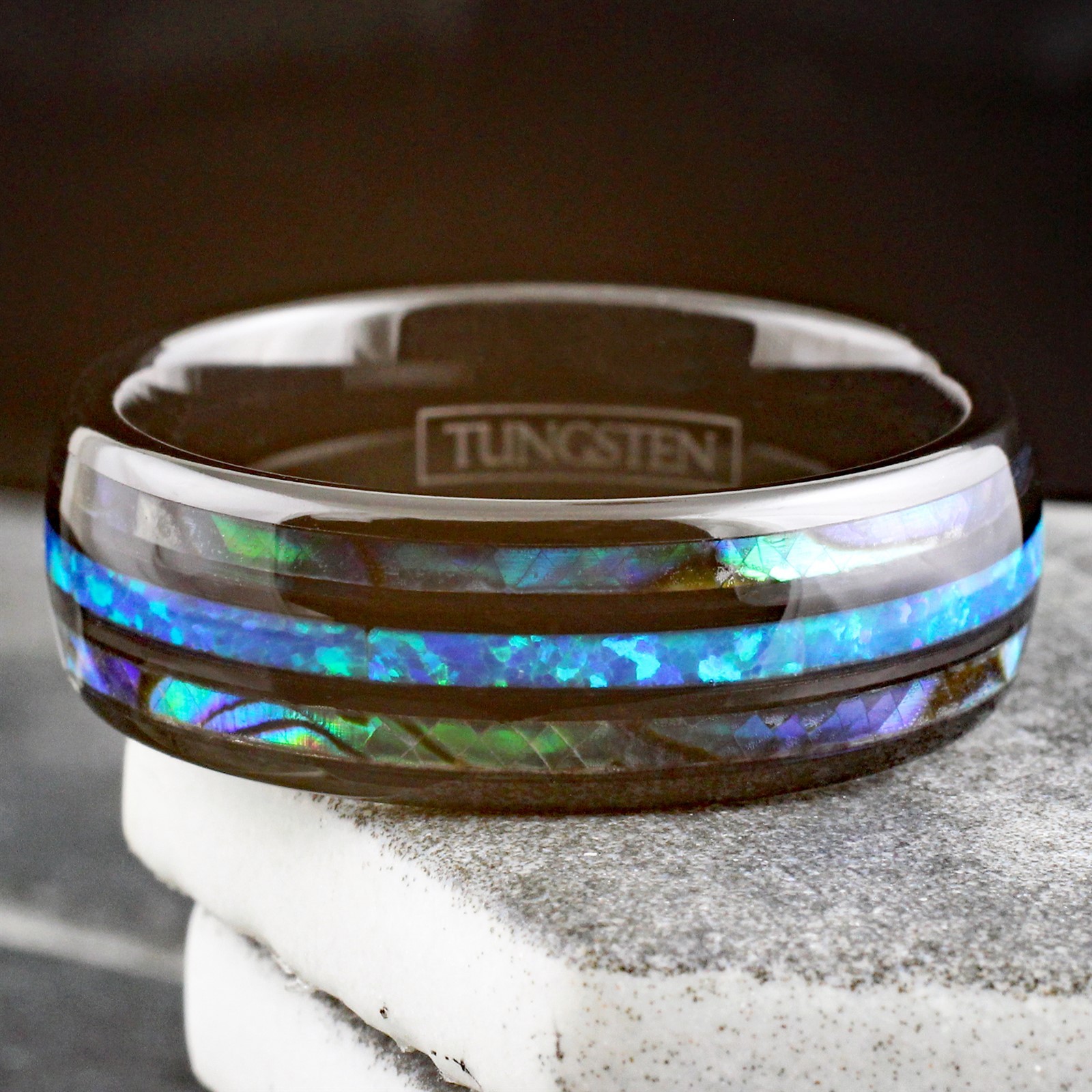 8mm Black Tungsten Carbide Abalone Hawaiian Blue Opal Men’s Wedding Band Ring