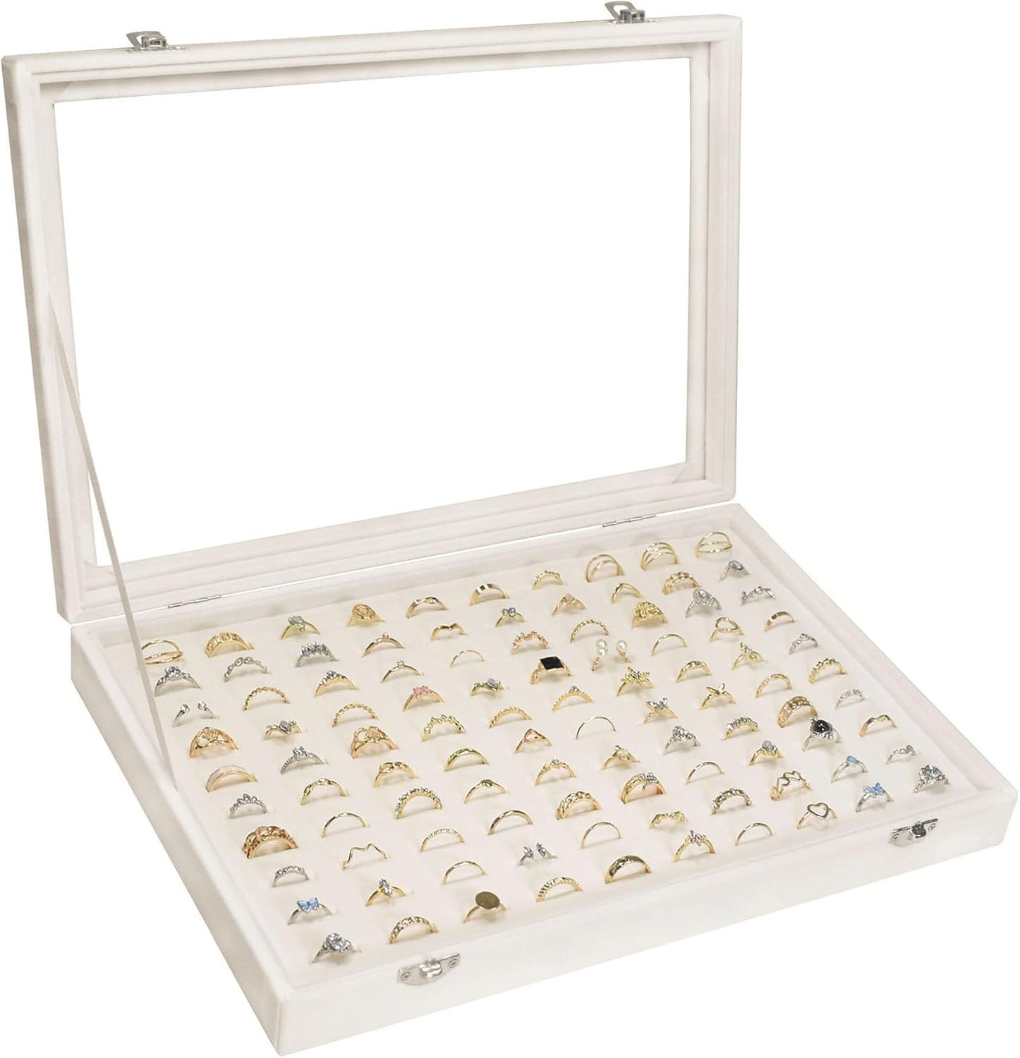 Velvet Ring Display Tray 100 Slot Jewelry Organizer Box Earring Holder Clear Lid