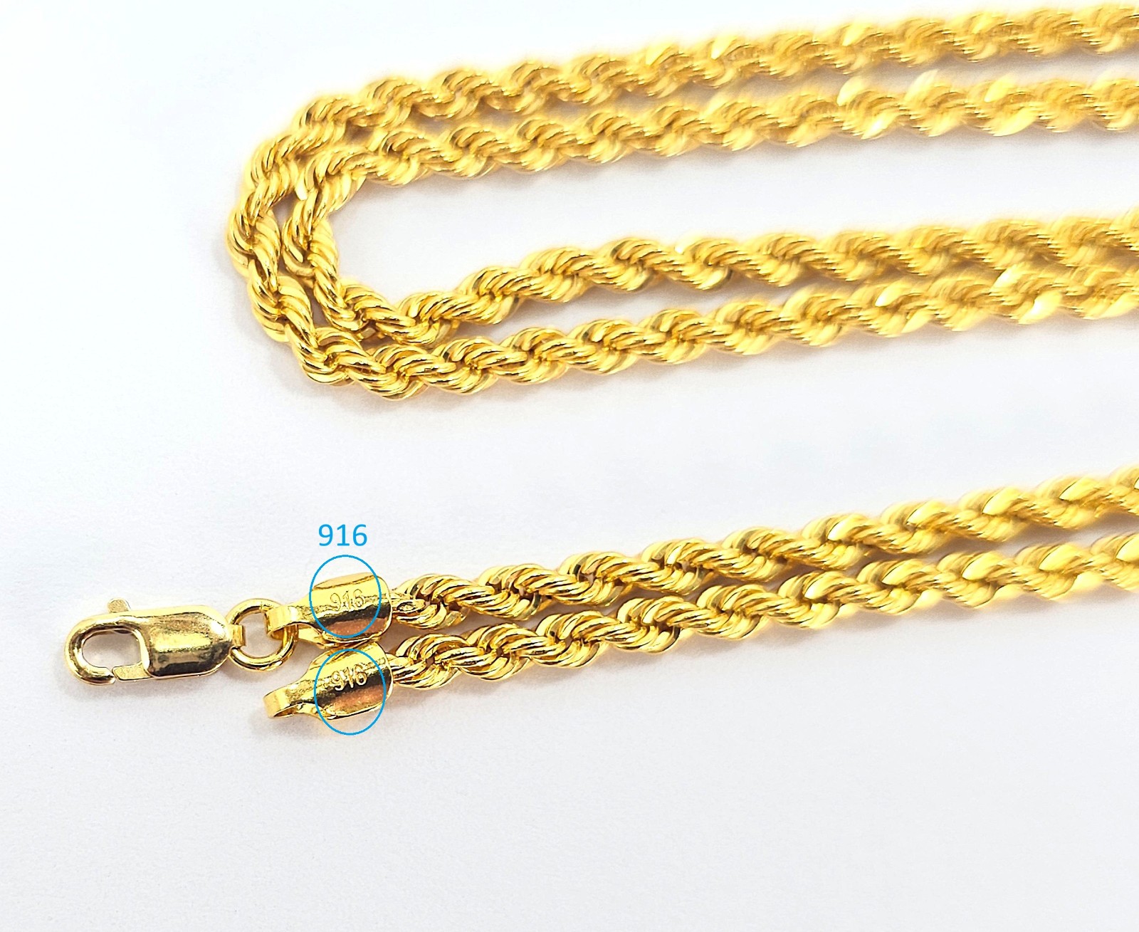 22K Gold Rope Chain Necklace 20 in 2.7 mm Hollow Genuine Hallmarked 916