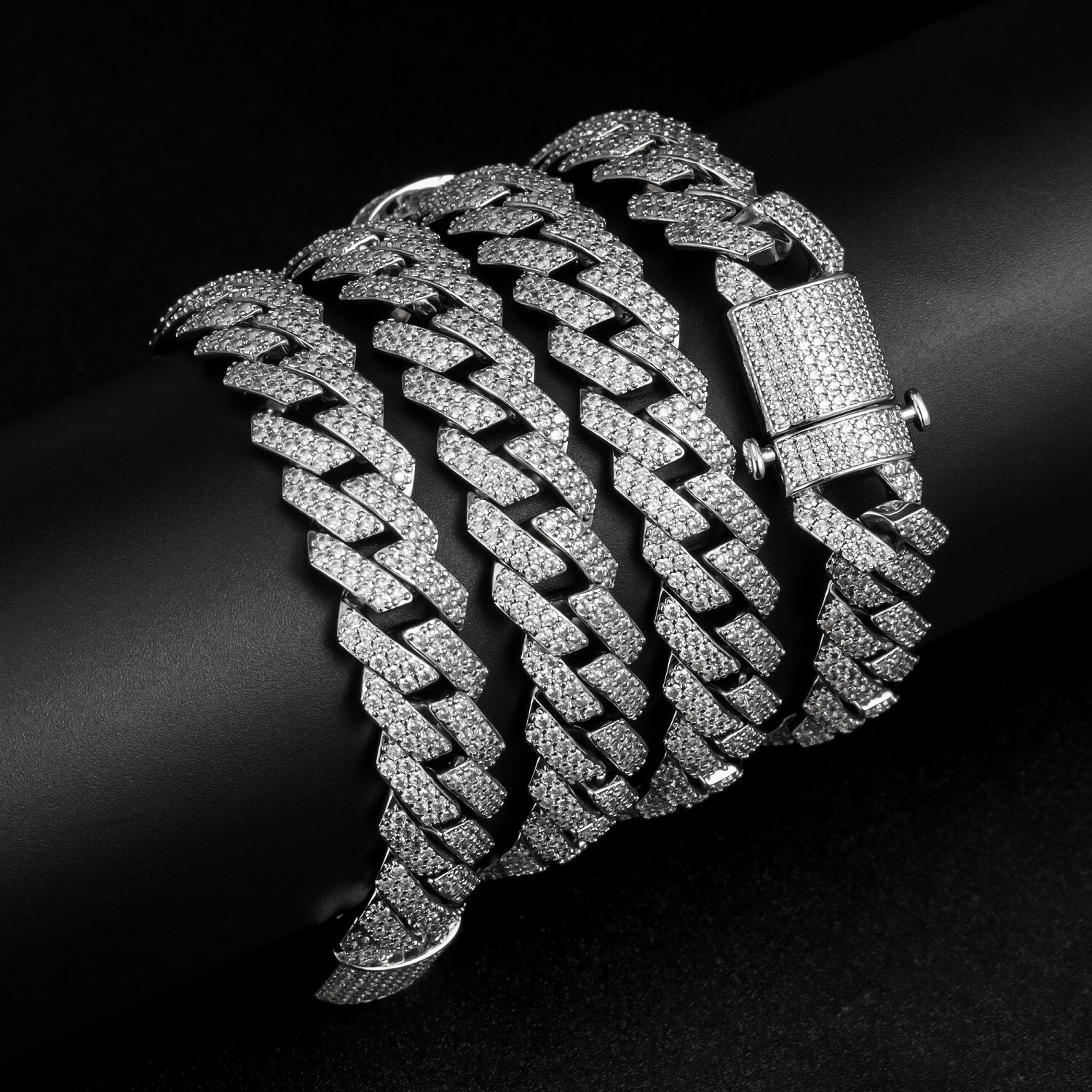 White Gold Plated Full Iced CZ Out Stainless Steel Mens Cuban Link Chain 15MM