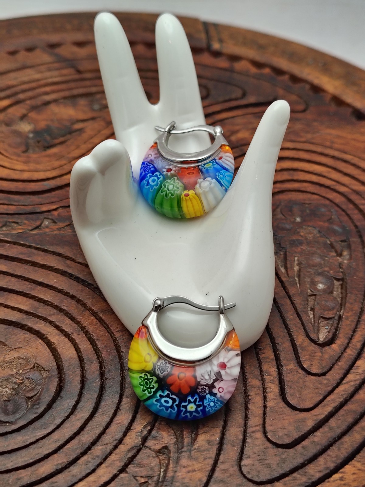 Millefiori Glass And Stainless Steel earrings. 1″