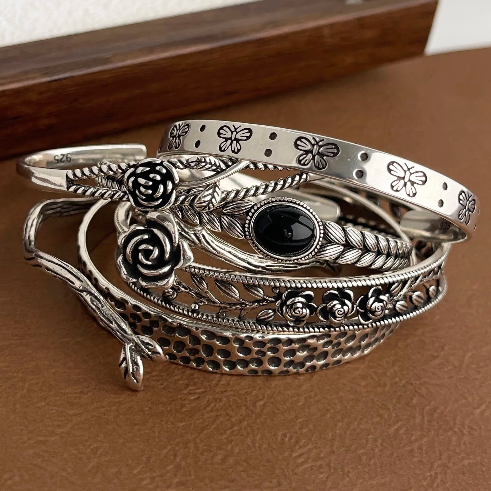 Women Cuff Bangle Vintage Flower Retro Rose Set Sterling Silver Jewelle Bracelet