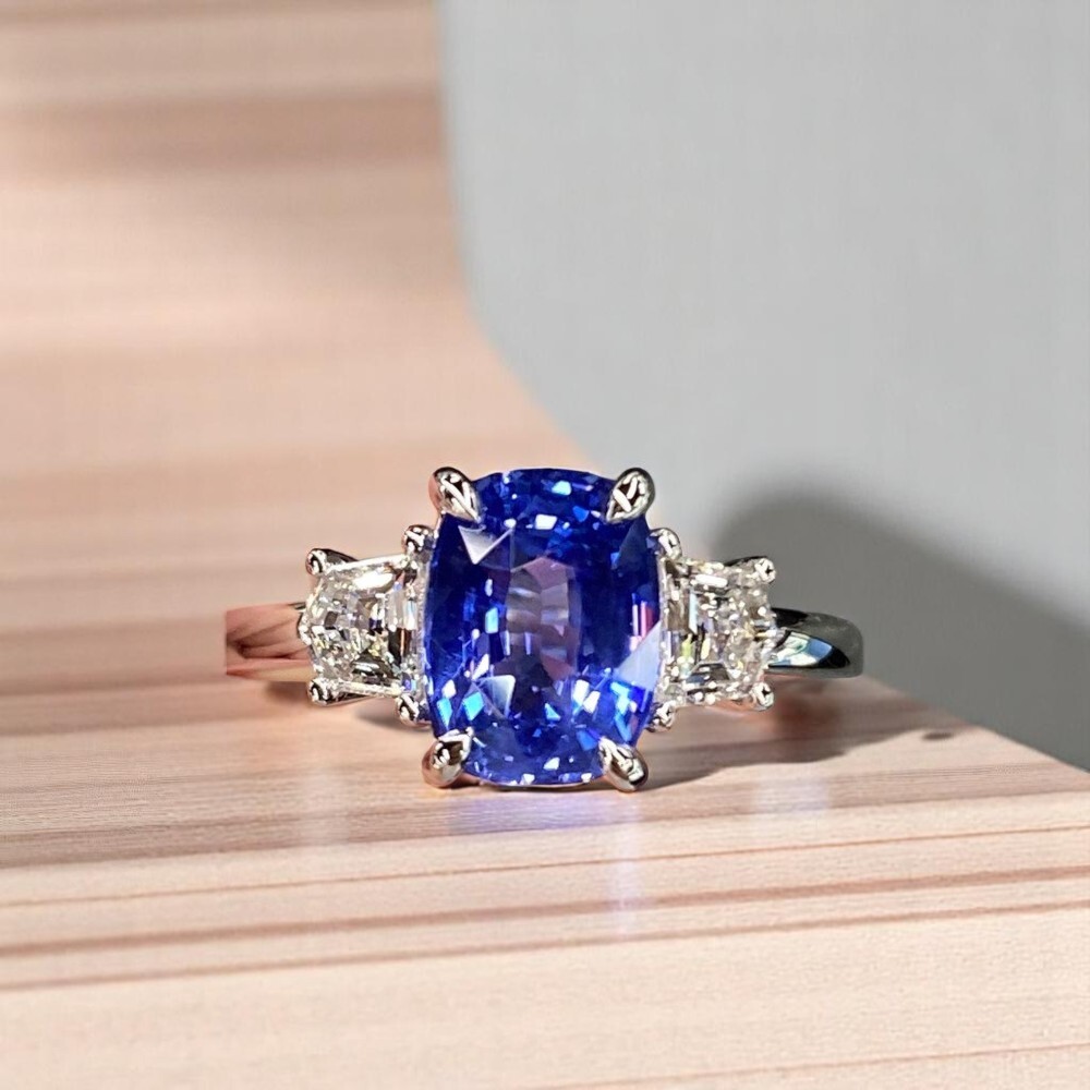 14k Gold Engagement Ring 3.10 Ct Lab Created Diamond Cushion Blue Sapphire White