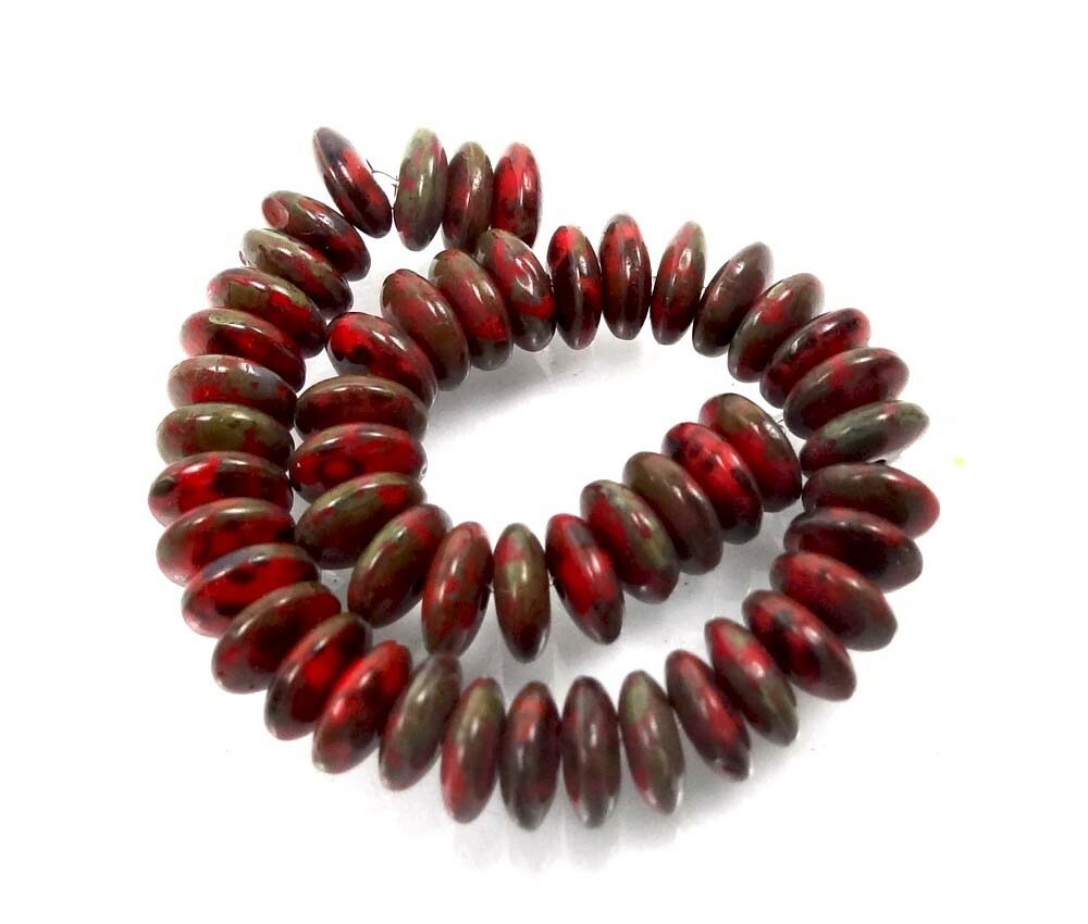 50 Czech Glass Rondelle Beads – Opaque Red – Picasso 6x2mm