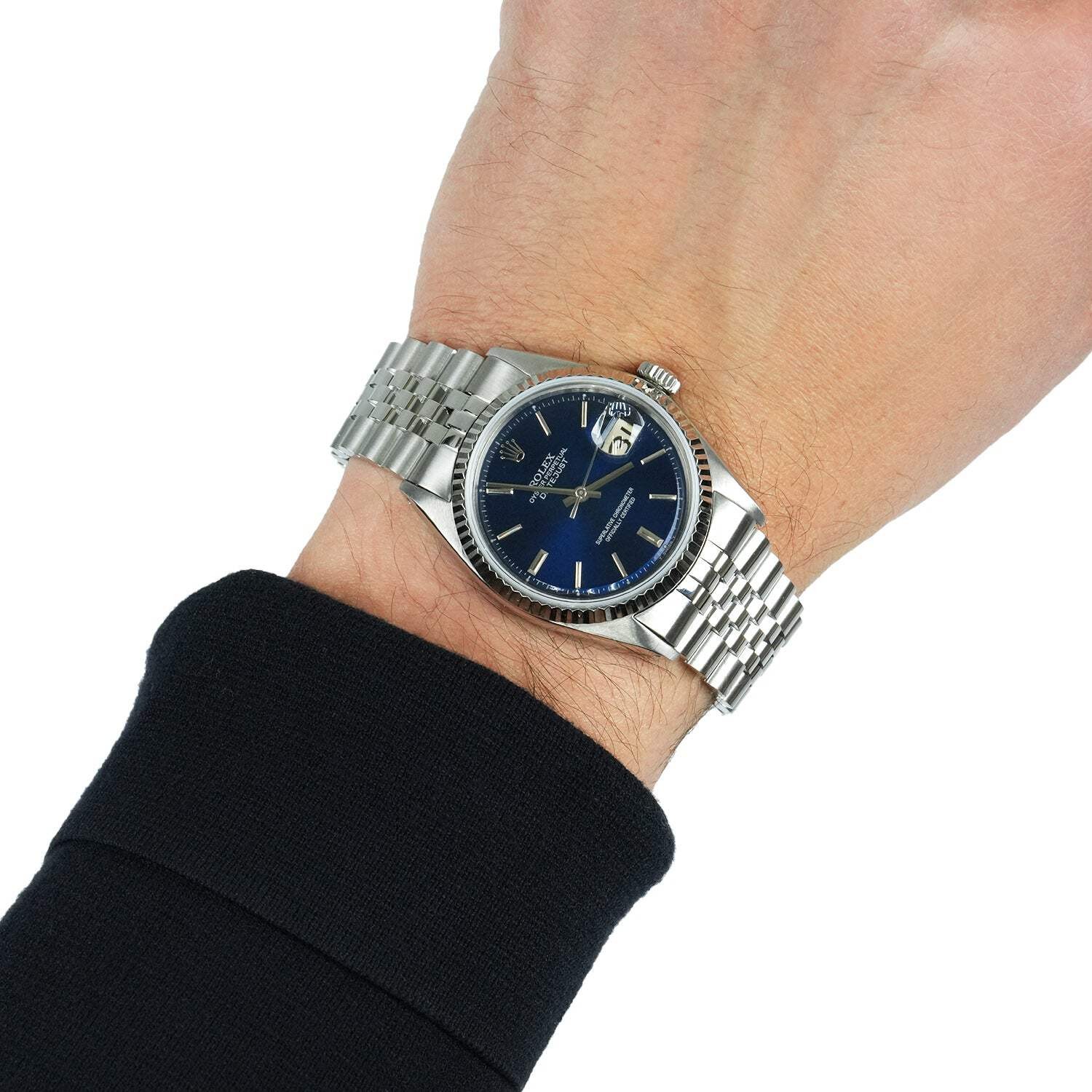 36mm Rolex Datejust 1601 18K White Gold Bezel Dark Blue Dial Jubilee Men’s Watch