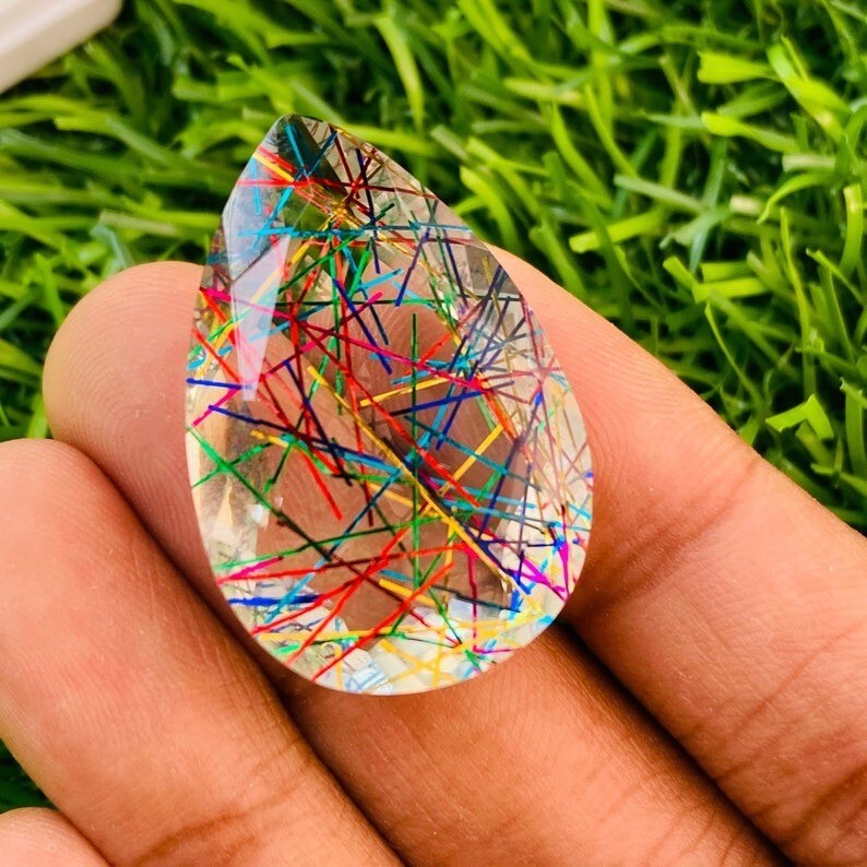 Bi-Color/Multicolor Rutilated Quartz Pear Shape 96.00 Ct Loose Gemstone + Gift