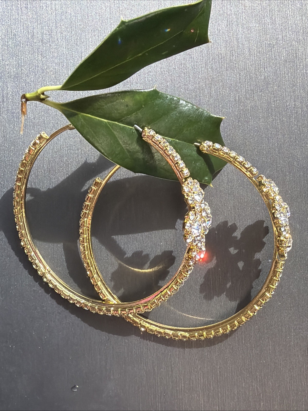 Gold Tone Rhinestone Hoop Earrings Large Statement Floral Cluster 2.5” Glam