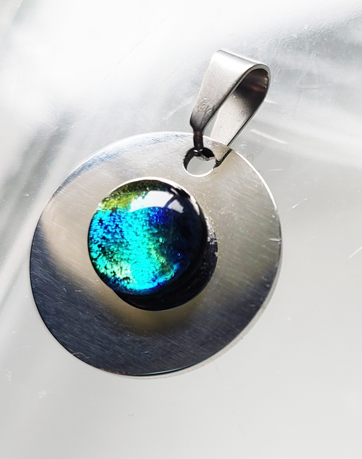 Dichroic Glass Stainless Steel Disk Pendant, Handcrafted