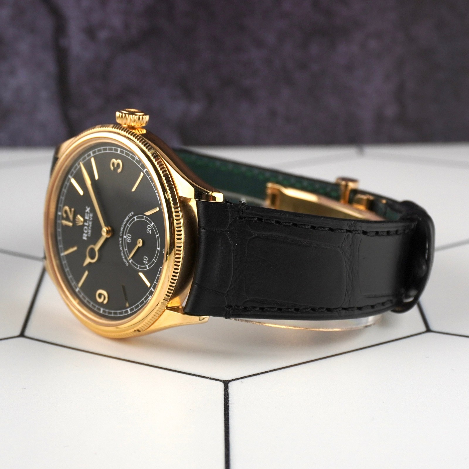 Rolex 1908 39mm Yellow Gold Black Dial Leather Band Men’s Watch 52508