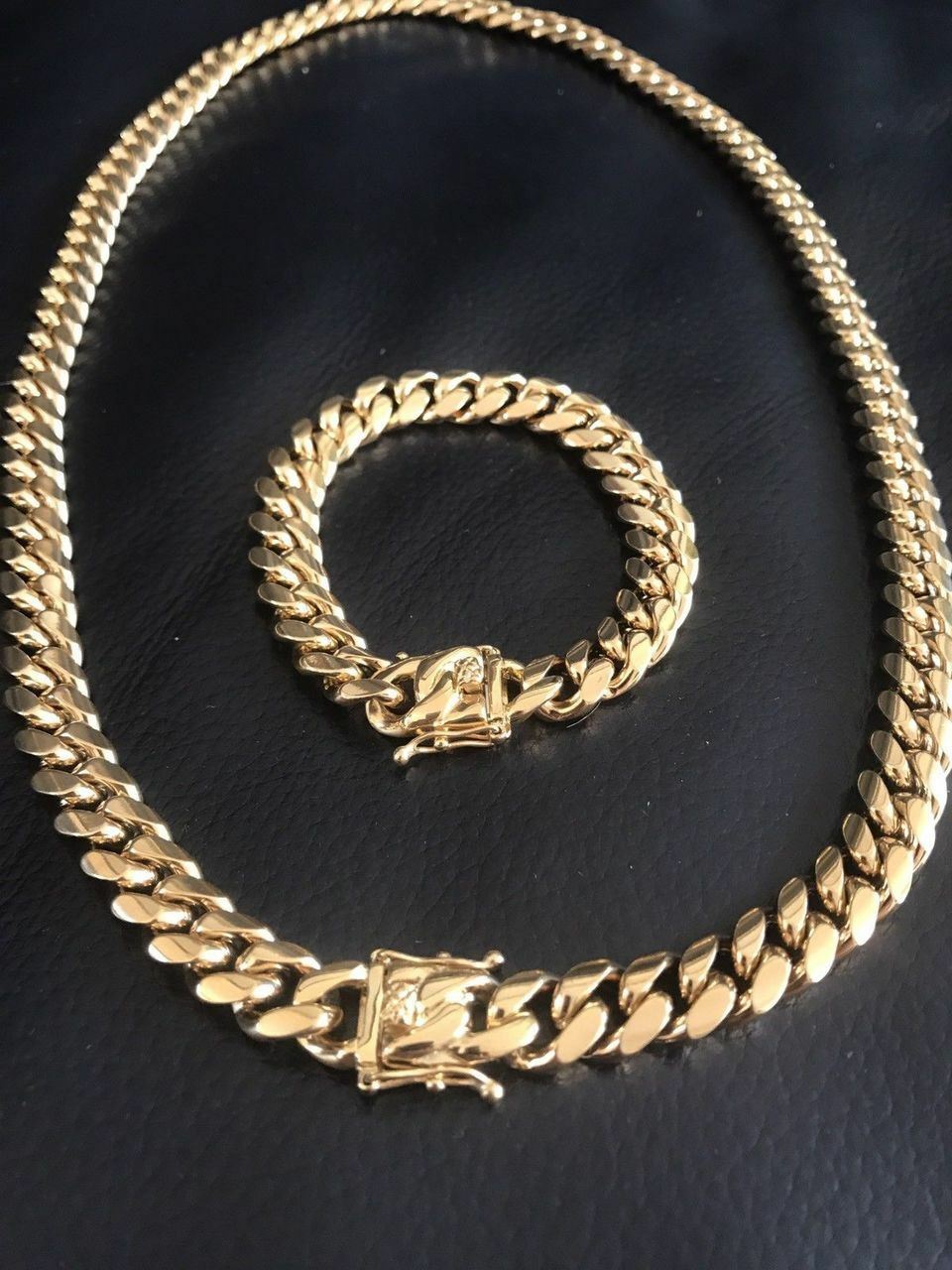 12mm Men’s Miami Cuban Link Bracelet & Chain Set 18k Gold Plated Stainless Steel