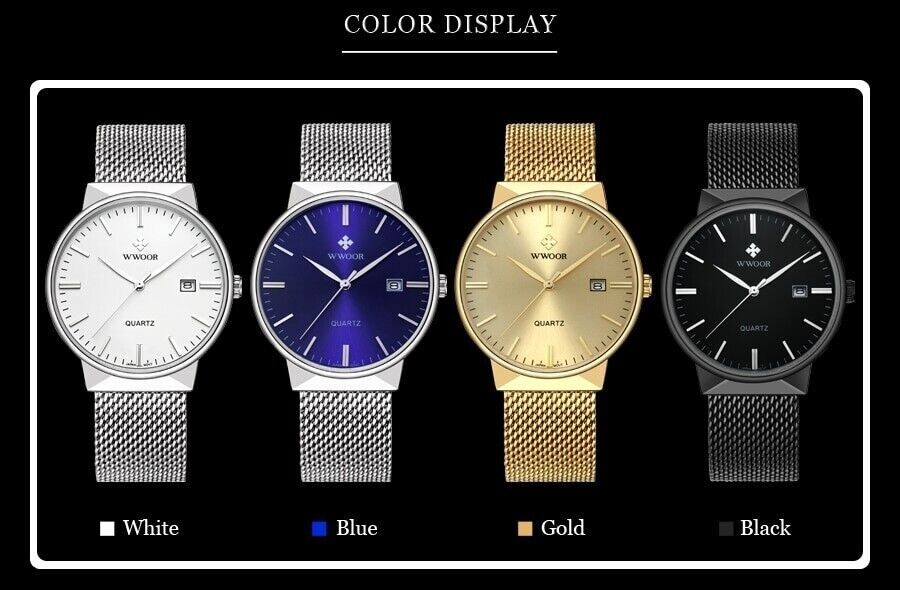 WWOOR Simple Ultra-Thin Steel Mesh Leather Date Men’s Wristwatch