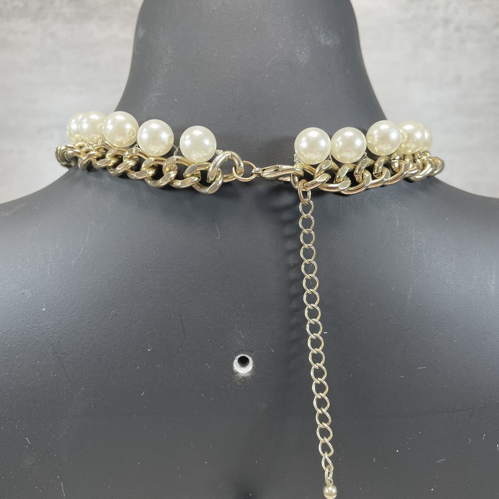 Gold Tone Faux Pearl Curb Chain Choker Necklace Chunky Statement Collar 14″