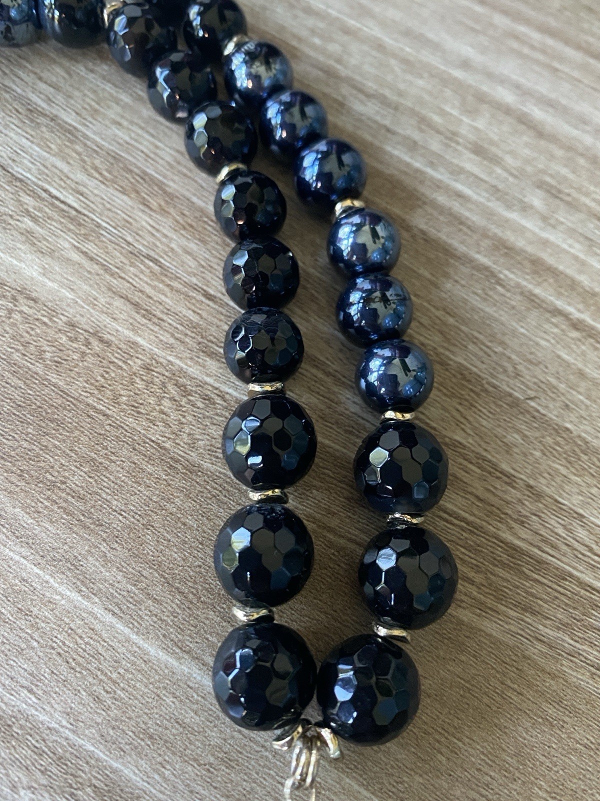Vera Bradley Vintage Long Black and Blue Glass Bead Necklace/Gold Toned Tassel