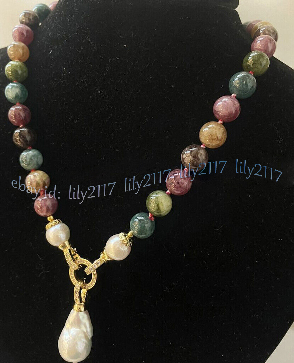 Multicolor Tourmaline Round Gemstone White Keshi Baroque Pearl Pendant Necklace