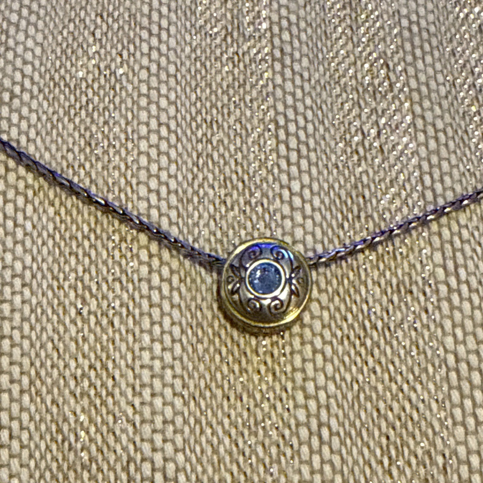 Brighton Silver Tone Chain Necklace Blue Swarovski Crystal Charm Gold Accents